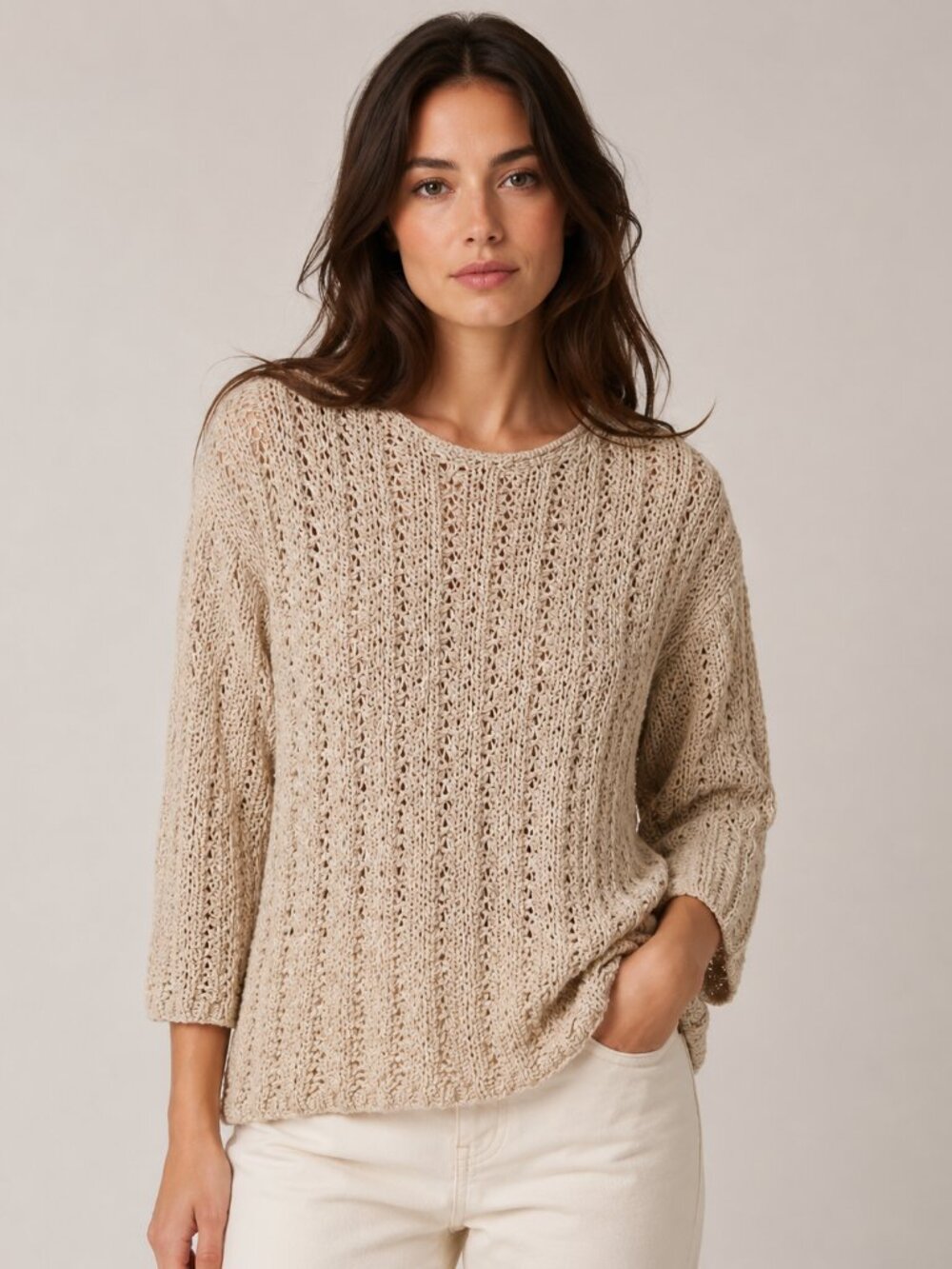 Dana Buchman Cream Open Knit Crochet Lined Sweater Top Size L 3/4 Sleeve